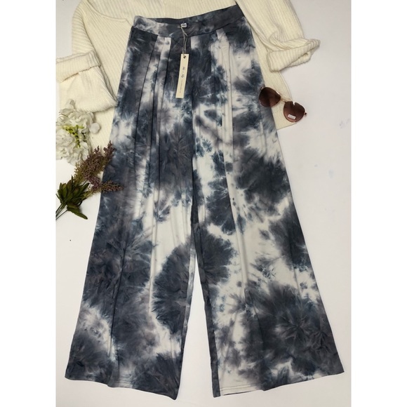 Wide Leg Pants Womens Casual Pants Stretch tie dye Gray White NWT beach boho - Picture 8 of 12